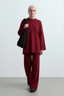 Burgundy Sola Set on a hijabi model using the latest walking-pose reference