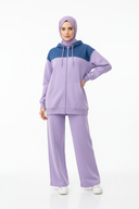 Hijabi model full look - lilac purple white background with shadow