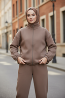 Hijabi model in taupe fleece set - no pockets