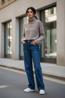 Light taupe wool blouse with wide-leg jeans