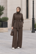 Full-length hijabi model in the brown pinstripe set