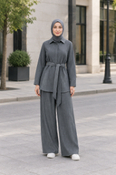 Full-length hijabi model in the gray pinstripe set