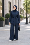 Full-length hijabi model in the navy pinstripe set