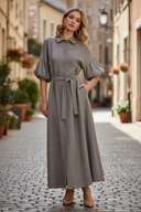 Gray Linen Lantern Sleeve Dress Outdoor