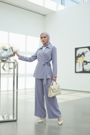 Hijabi model in lavender gray set with bag