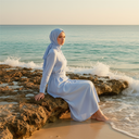 Hijabi Model Sitting on Rocky Shore in Light Blue Linen Set