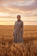 Hijabi Model - Taupe Dress Outdoor Wheat Field