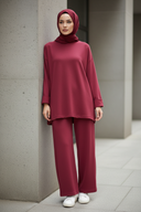 Hijabi model wearing burgundy coordinated set