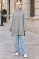 Aurelia Knit in Light Gray - hijabi model outdoor with jeans