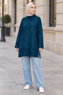 Aurelia Knit in Petrol Blue - hijabi model outdoor with jeans