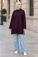 Aurelia Knit in Deep Plum - hijabi model outdoor with jeans