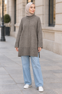 Aurelia Knit in Mocha Taupe - hijabi model outdoor with jeans