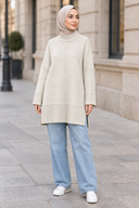 Aurelia Knit in Off-White - hijabi model outdoor with jeans