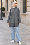 Aurelia Knit in Gray - hijabi model outdoor with jeans