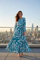 Rooftop – Teal & White Abstract Leaf Maxi Dress